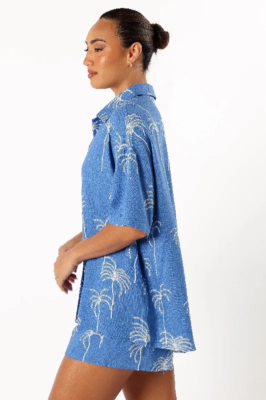 Amira Short Sleeve Shirt - Blue Palm Print