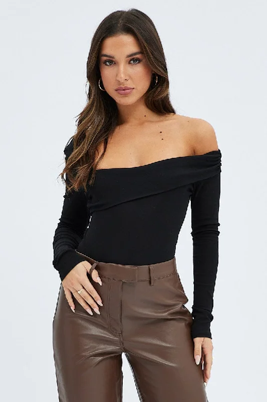 Black Bodysuit Long Sleeve One Shoulder