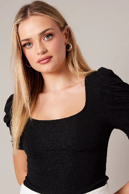 Black Bodysuit Short Sleeve Textured