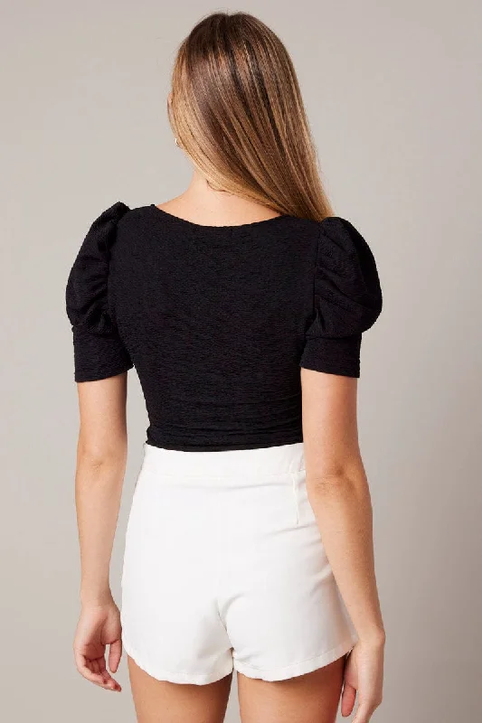 Black Bodysuit Short Sleeve Textured