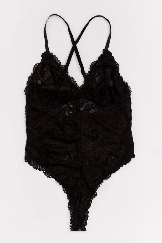 Black Floral Lace One Piece Teddy Bodysuit