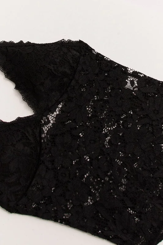 Black Floral Lace One Piece Teddy Bodysuit