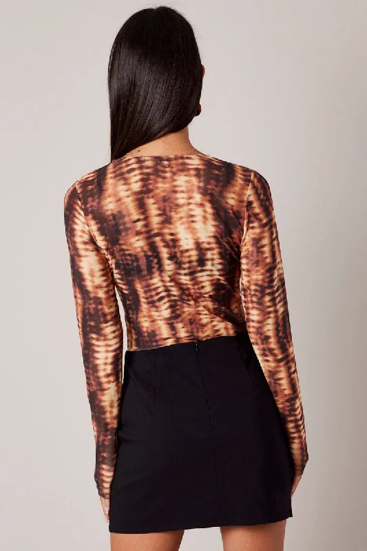 Brown Abstract Mesh Bodysuit Long Sleeve