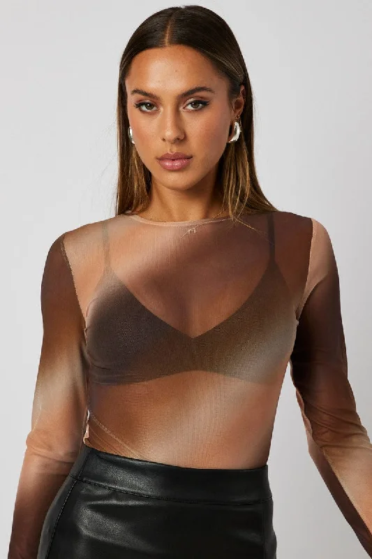 Brown Abstract Mesh Bodysuit Long Sleeve