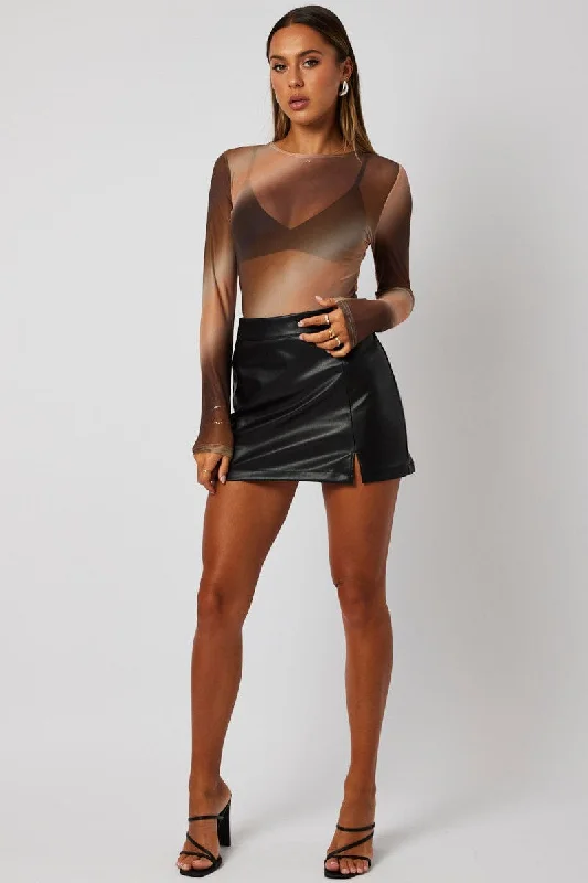 Brown Abstract Mesh Bodysuit Long Sleeve