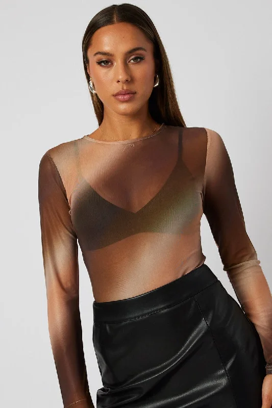 Brown Abstract Mesh Bodysuit Long Sleeve