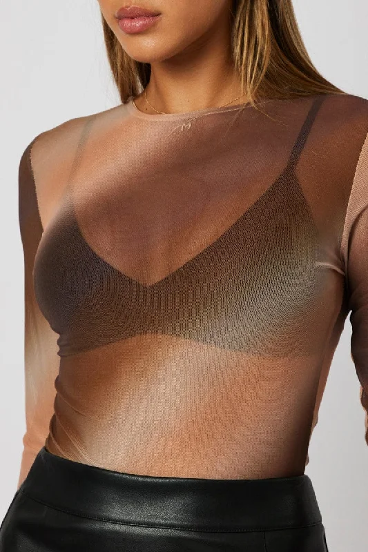 Brown Abstract Mesh Bodysuit Long Sleeve