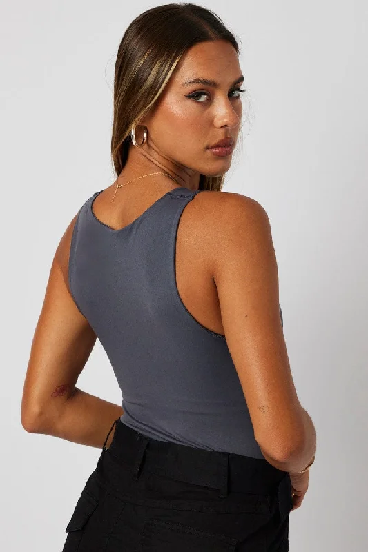 Grey Bodysuit Sleeveless Crew Neck Seamless