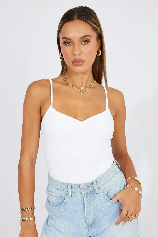 White Bodysuit Front Ruched Supersoft