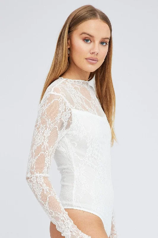 White Bodysuit Long Sleeve Mock Neck Lace Jersey Lined