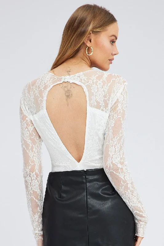 White Bodysuit Long Sleeve Mock Neck Lace Jersey Lined