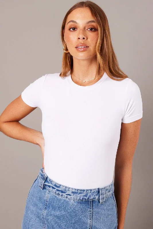 White Bodysuit Short Sleeve Crew Neck Seamless