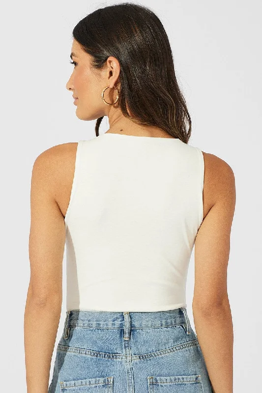 White Bodysuit Sleeveless Crew Neck