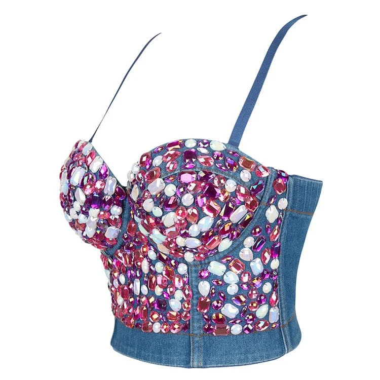 Women's Gothic Crystal Printed Denim Bustier