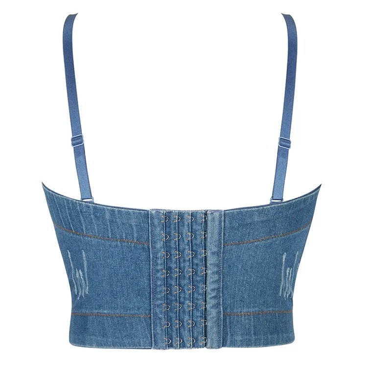 Women's Gothic Crystal Printed Denim Bustier