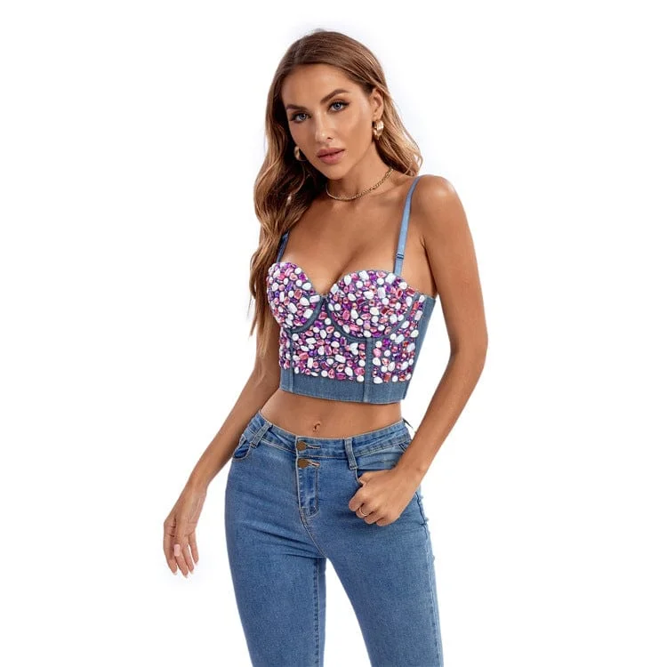 Women's Gothic Crystal Printed Denim Bustier