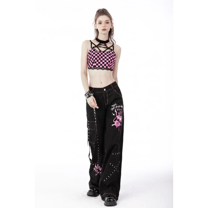 Women's Grunge Halterneck Black Pink Plaid Bustier