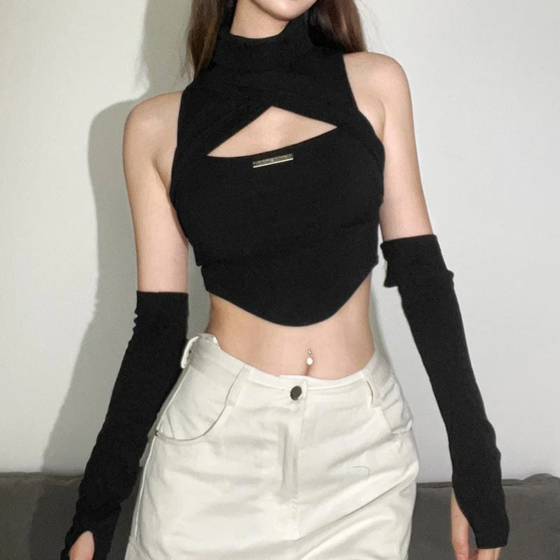 Women's Punk High Collar Cutout Bustier with Oversleeves