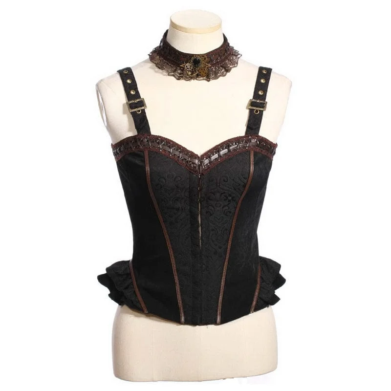 Women's Steampunk Ruffled Buckles Bustier with Choker