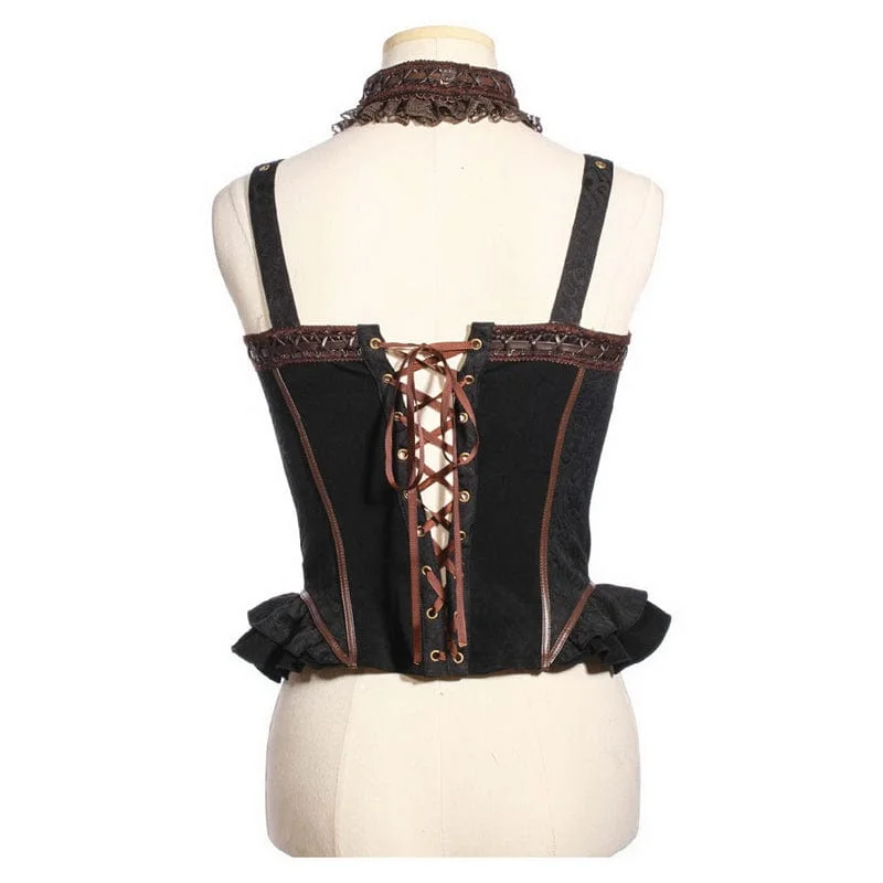 Women's Steampunk Ruffled Buckles Bustier with Choker