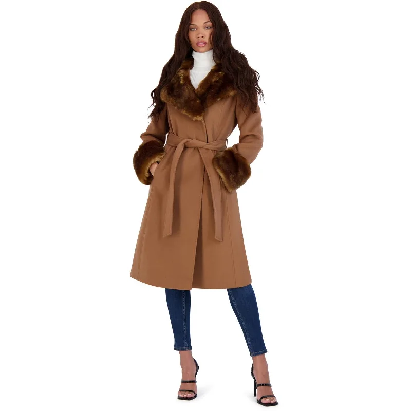 Via Spiga Women's Long Wool Wrap Coat with Faux Fur Trim