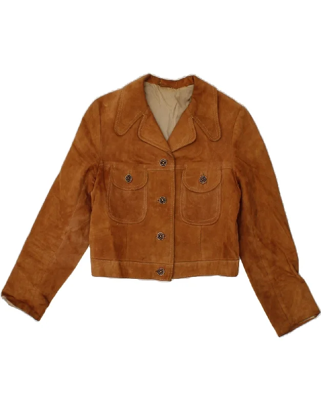 VINTAGE Womens Crop Suede Jacket UK 10 Small Brown