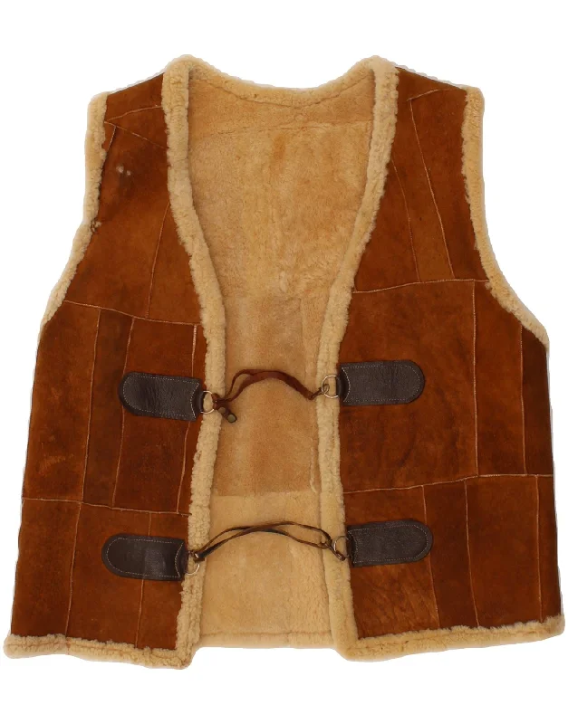 VINTAGE Womens Shearling Gilet UK 16 Large Brown