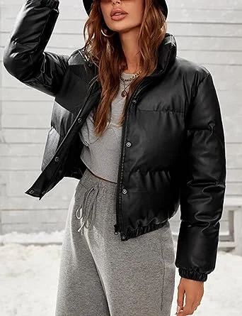 Women s Tanming Faux Leather Puffer Jacket