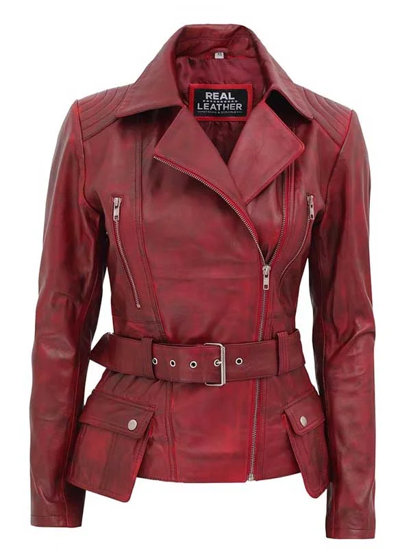 Women's Red Biker Real Leather Jacket