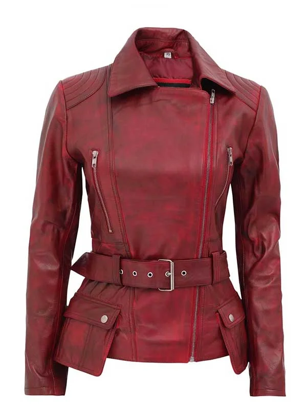 Women's Red Biker Real Leather Jacket